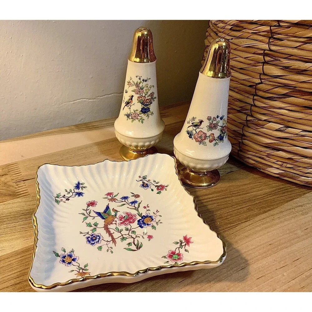 Vintage Hammersley Spode Bird Of Paradise Shakers & Tray Set Chintz Bone China
